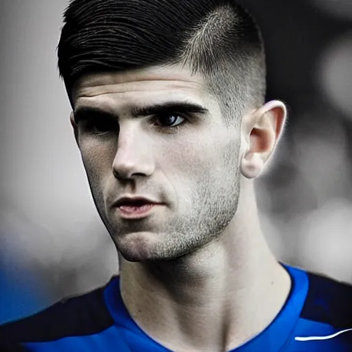 Image similar to “a realistic detailed photo of a guy who is an attractive humanoid who is half robot and half humanoid, who is a male android, Christian Pulisic, shiny skin, posing like a statue, blank stare, press conference, on display”