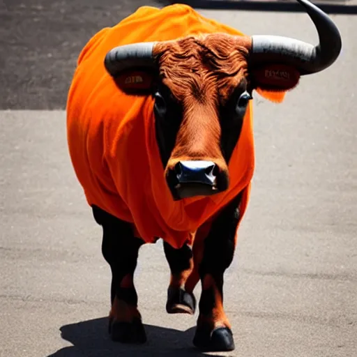 Image similar to bull wearing orange inmate clothes