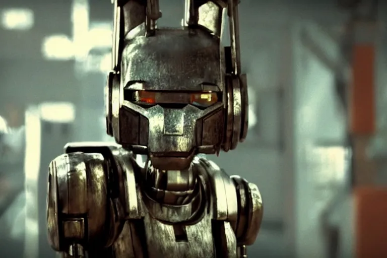 Image similar to film still from the movie chappie of the robot chappie shiny metal outdoor scene bokeh depth of field furry anthro anthropomorphic stylized wolf dog canine ears head android service droid robot machine fursona