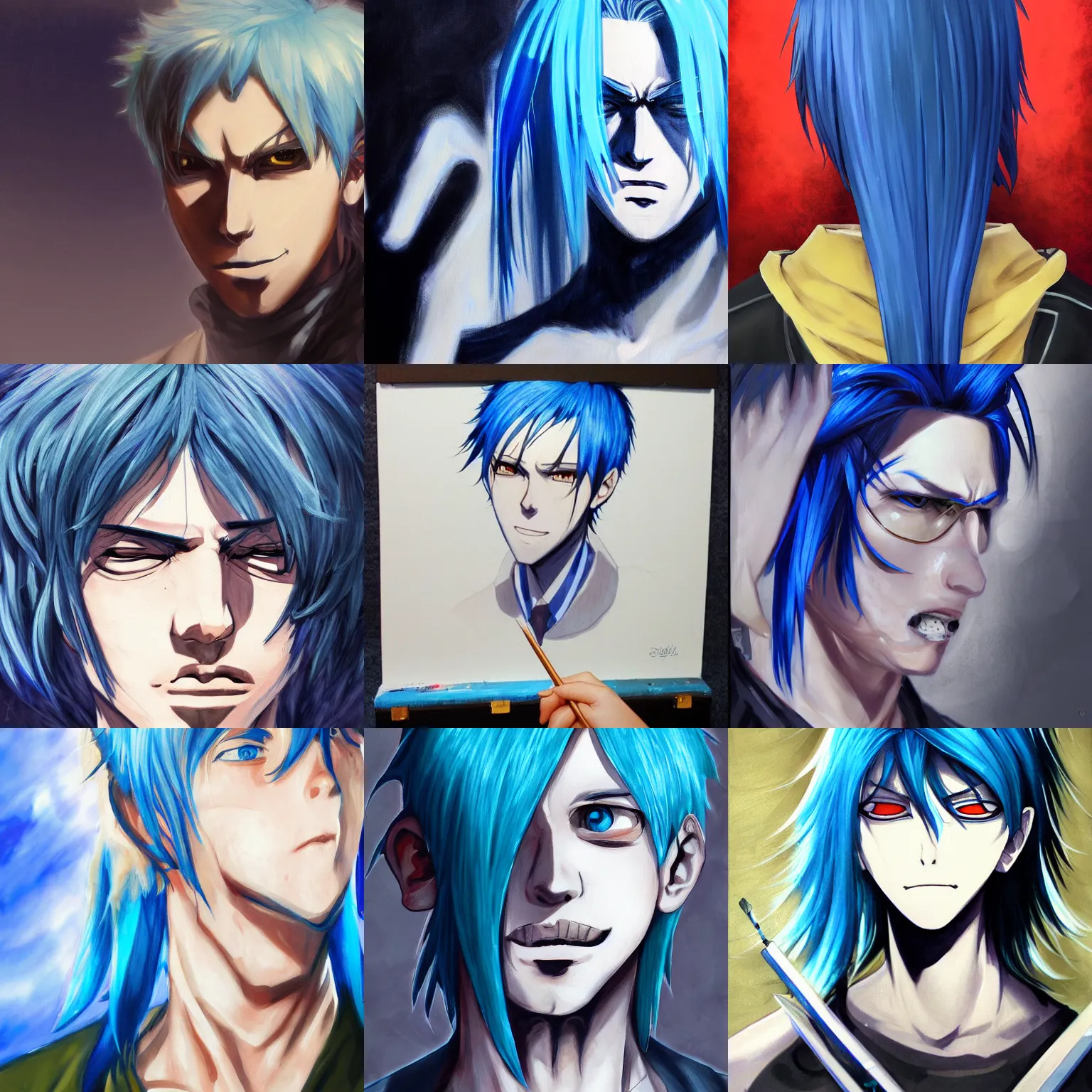 Prompt: a detailed painting of a man with blue hair by shingei, featured on pixiv, transgressive art, anime, deviantart hd