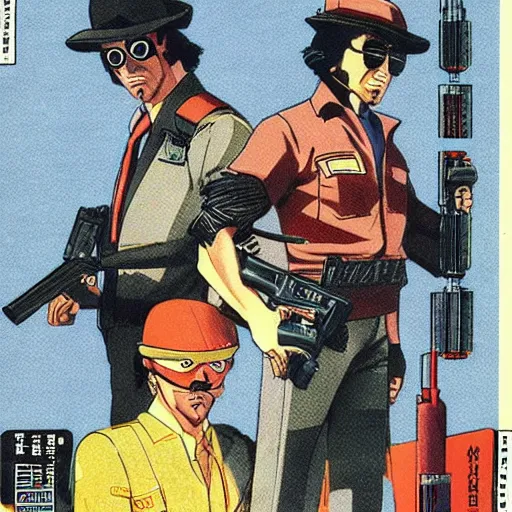 Image similar to 1979 OMNI Magazine Cover bank robbers, Bank Robbery Movie, Anime, Highly Detailed, Inspired by Heat + Golgo 13 + Lupin the 3rd , 8k :4 by Vincent Di Fate + Katsuhiro Otomo : 8