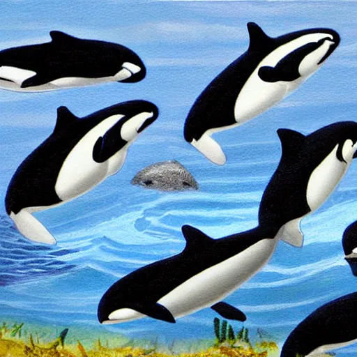 Image similar to a painting of a group of orca's swimming in a lake, a storybook illustration by sarah louisa kilpack, featured on deviantart.