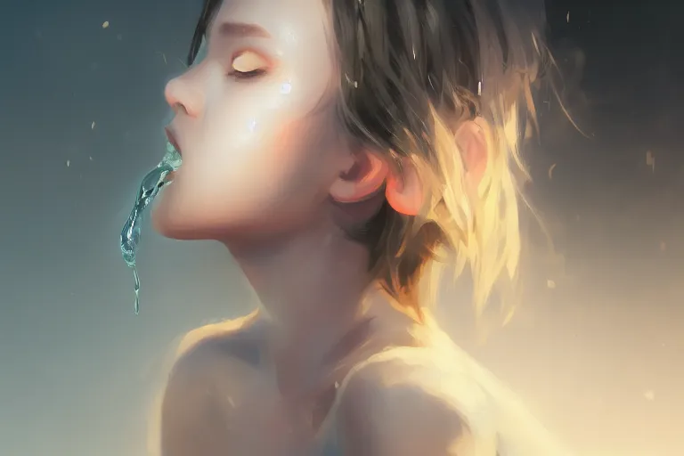 Image similar to a girl drinking water, digital art by wlop, greg ruthowski, ross tran, trending on artstation and deviantart, extremely high quality, amazing lighting