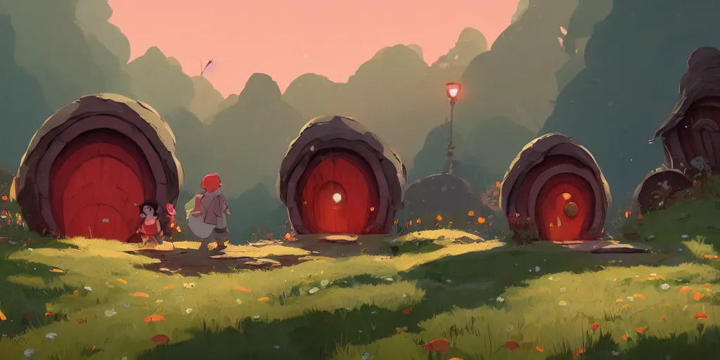 Image similar to small hobbit mushroom houses, red, by cory loftis & akihiko yoshida & james gilleard & atey ghailan & makoto shinkai & goro fujita & studio ghibli, rim light, exquisite lighting, clear focus, magic atmosphere, lights, night, very coherent, plain background, soft painting, photorealistic, unreal engine 5, 4 k