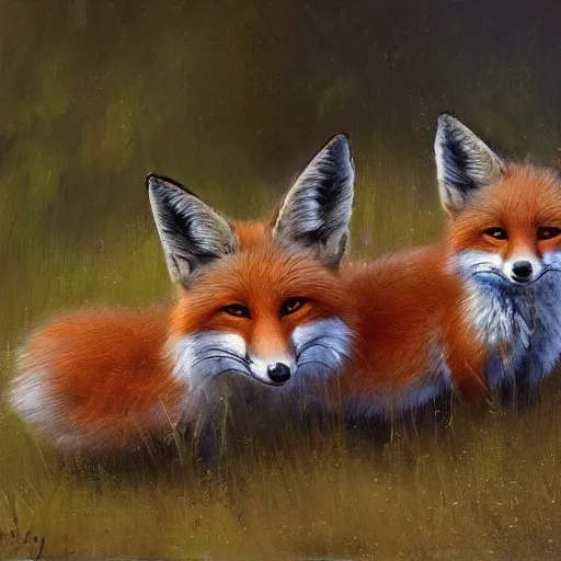 Image similar to a cute, meaningful, and profound oil painting of three foxes playing artstation james gurney