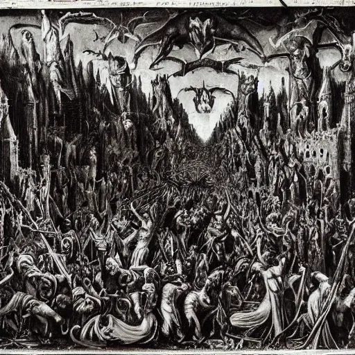 Prompt: a religious scene, chaos, night, rot, blood, epic art, dante's inferno, highly detailed, intricate background