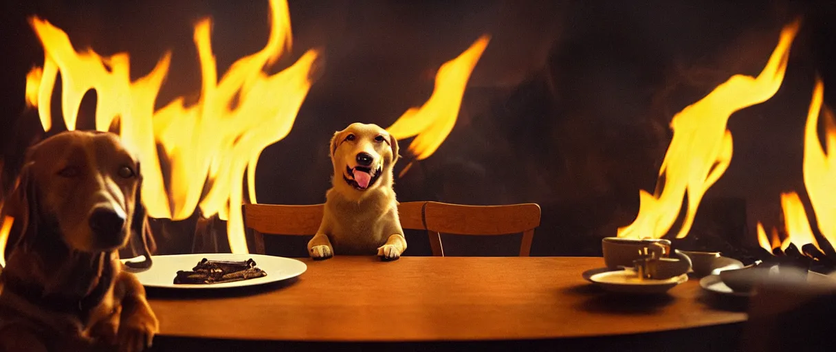 Image similar to a photograph (flash on) of a relaxed anthropomorphic dog sitting on a chair at a dinner table (no fire at all there), surrounded by flames, cup of coffee on the table, huge fire on this dining room in the background, a lot of flames behind the dog, black smoke instead of the ceiling, no watermark