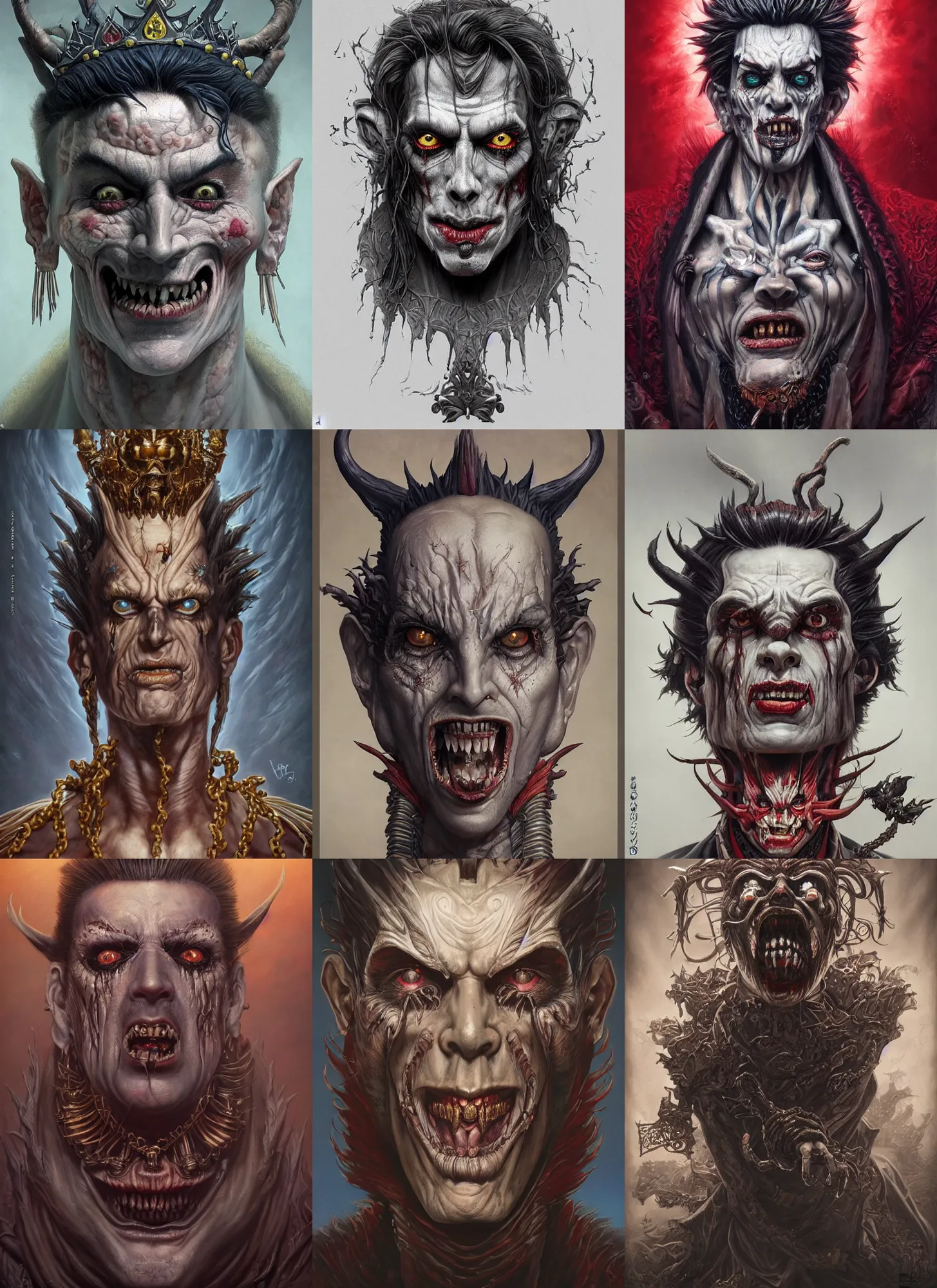 Prompt: a hyper detailed full face portrait of a handsome male as the king of puppets, horror, sideshow figurines, diablo 4 lilith, by yusuke murata, by hiroya oku, by dorian cleavenger, by tom bagshaw, by zdzisław beksinski, trending on artstation