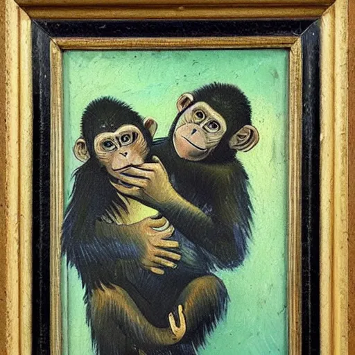 Image similar to a beautiful oil painting of a monkey smiling and hugging a baby human , 8k , award winning , made in 1800's , old , painted by vincent van gogh