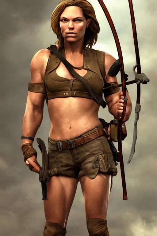 Prompt: muscular laura croft hold bow and arrow