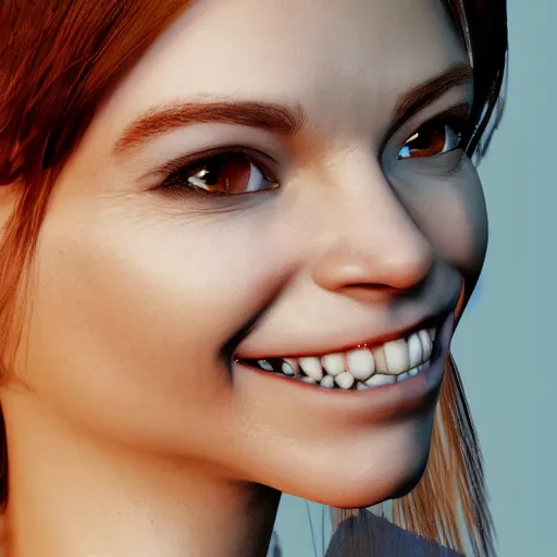 Image similar to Illustration of a women with a smug smirk, revealing sharp fangs. High definition unreal engine.