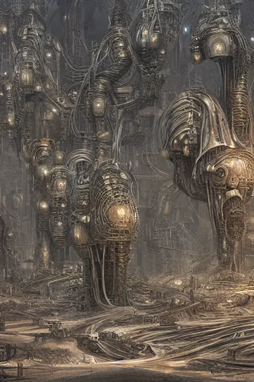 Prompt: industrial city in the desert dune concept art by yoshitaka amano and H.R. Giger, intricate detail, 8k, featured art