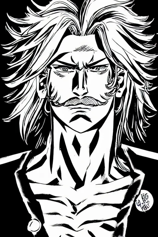 Image similar to jojo's bizzare adventure manga character portrait, boy with blue eyes and long blonde hair, symmetrical face happy, mustache, stubble, steel ball run, handsome face, jojo's bizzare adventure, illustrated by hirohiko araki, illustration