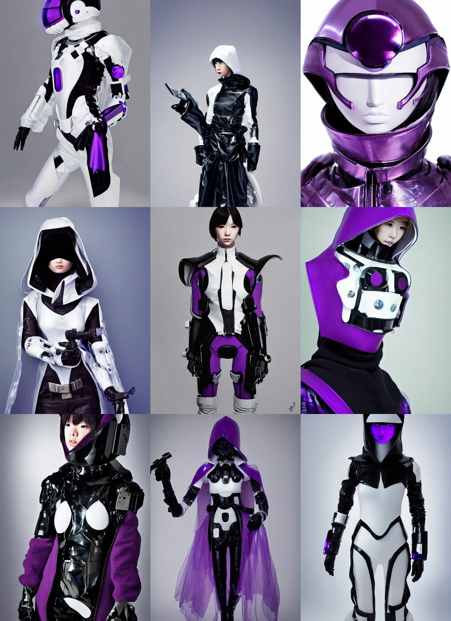 Prompt: android ulzzang with white sci - fi tactical gear, black leather garment, purple transparent crystal cybernetic hood, full shot fashion photography, by irving penn and storm thorgerson, ren heng, peter elson
