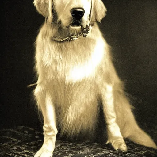 Image similar to victorian era formal portrait photograph of a golden retriever