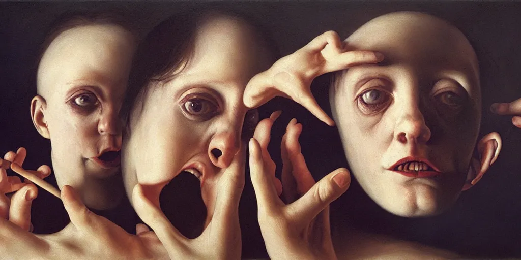 Prompt: the three fates pain pleasure suffering adventure love abstract oil painting by gottfried helnwein pablo amaringo