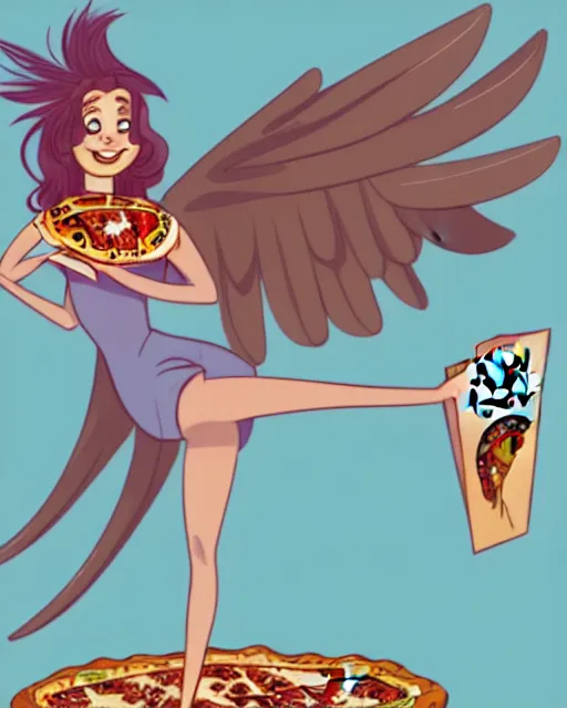 Prompt: female harpy as a pizz box delivery woman, bird human hybrid with feathery bird arms and talon bird feet, flying through the air holding a cardboard pizza box, wearing a pizza delivery uniform. feathers for hair, cute, dynamic character design, stunning, highly detailed digital illustration, crisp linework, top rated on artstation, stylized urban fantasy artwork