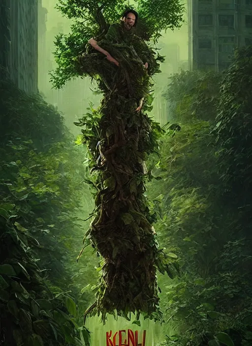 Image similar to highly detailed comedy caper movie poster with silly wacky zany keanu reeves as a sentient pile of leaves, keanu reeves green face as tree sentient leafy bush by greg rutkowski, masterpiece, really funny, 1 0 / 1 0 comedy