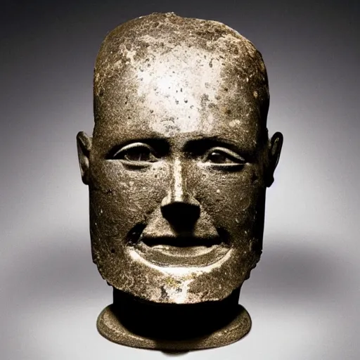 Prompt: an extremely ancient ironman bust that is tarnished and covered in sediment from uncovered earth expedition, rare photograph, smithsonian,