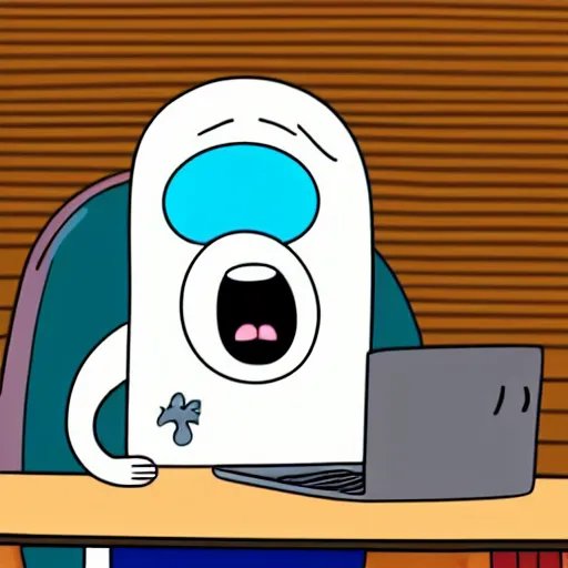 Image similar to a very animated tired person with bloodshot eyes and tongue out staring at the computer with despondence, adventure time animation style