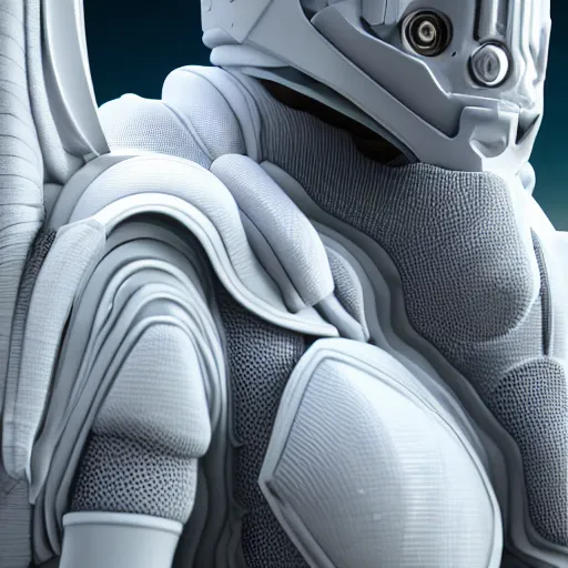 Image similar to portrait photography of a white futuristic space suit armor, in an alien planet, ultra detail, high detail, 8 k, octane render