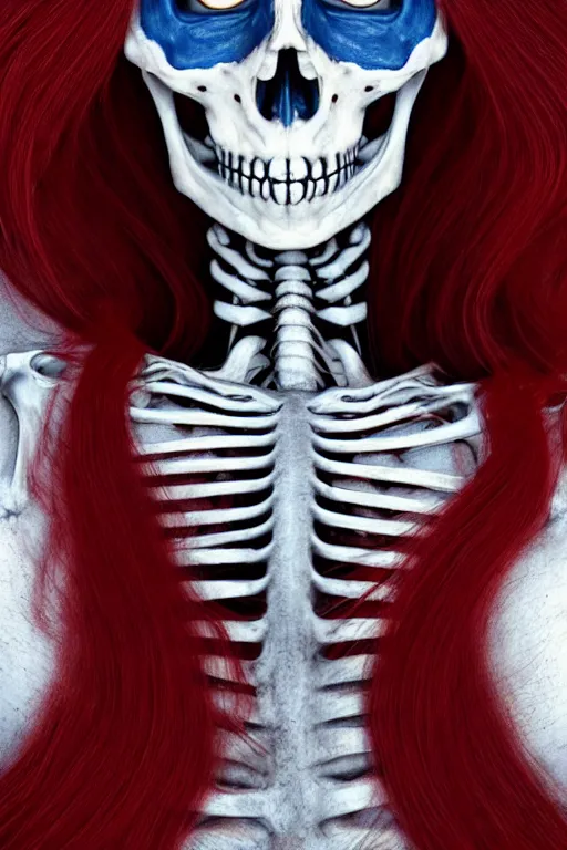 Image similar to skeleton black bones full body!!, covered with blood, rolyatistaylor face!!, long red hair, beautiful blue eyes, ultra realistic, concept art, intricate details, highly detailed, photorealistic, octane render, 8 k, unreal engine. retro film still, heavy grain, 3 5 mm, art by artgerm and greg rutkowski and alphonse mucha