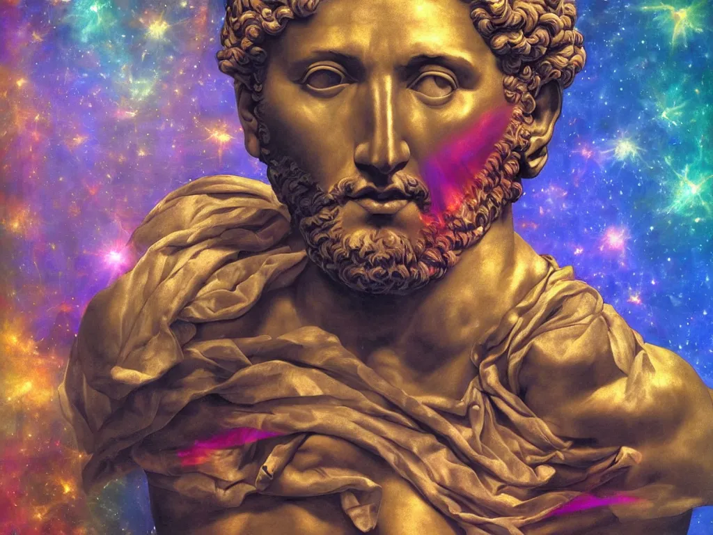 Prompt: hyperrealistic still life painting of a 3d greek statue of a roman emperor in deep space, wrapped in fabric and gently smiling, surrounded by refracting rainbow prisms in a tesseract, botanical print, surrealism, vivid colors, serene, golden ratio, sacred geometry, abstract impasto brushtrokes, by Caravaggio