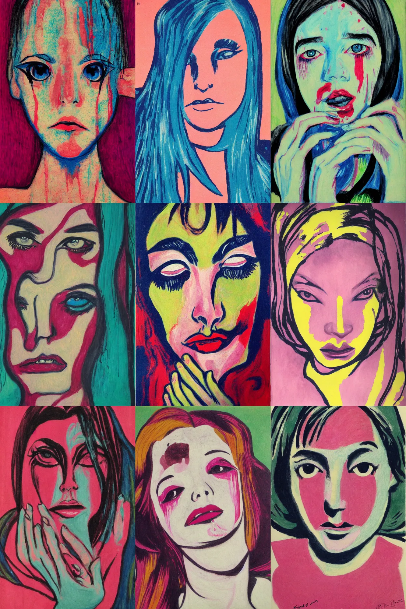 Prompt: girl tragic face photo, color mascara's running tears, photorealistic art, Kirchner, Gaughan, Caulfield, Aoshima, Earle