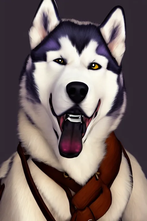 Image similar to a portrait painting of a husky in cowboy costume in the style of anime, [ western film ], [ character design ], humanoid, personify, anthropomorphic, trending on artstation, [ the sims 4 ]