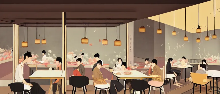 Image similar to a beautiful interior view illustration of a small roasted string hotpot restaurant in yan'an city, wall corner, restaurant wall paper is tower amd mountain, rectangle white porcelain table, people are eating, black chair, animation illustrative style, from china, simple style structure decoration design, victo ngai, james jean, 4 k hd