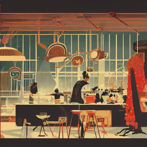 Prompt: illustration of Courageous chef's kitchen, by Victo Ngai and James Gilleard and Bruce Pennington