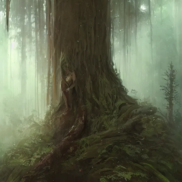 Prompt: a painting of a forest spirit by greg rutkowski, dark fantasy art, high detail, trending on artstation