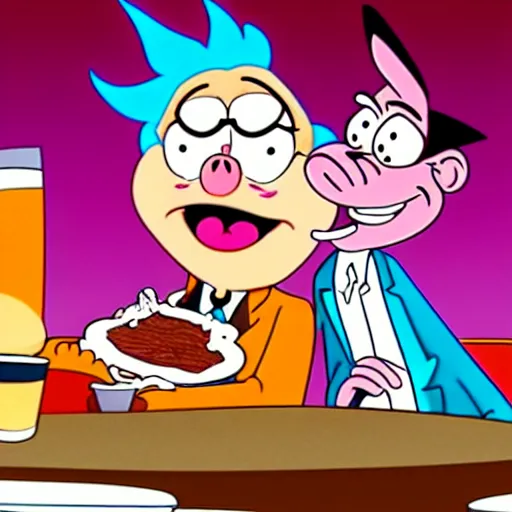 Prompt: rick sanchez and porky pig eating a brisket, cartoon, cell animation, highly detailed