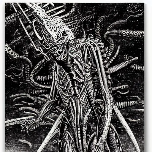 Image similar to a giant biomechanical alien monster by virgil finlay