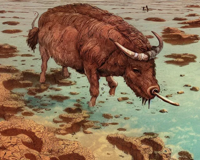 Image similar to a minotaur walking in shallow water, digital art, illustrated by james gurney and victo ngai