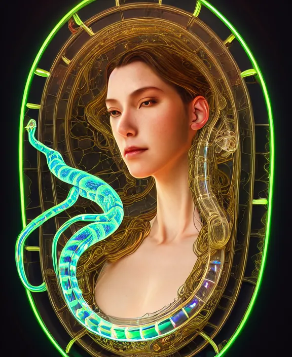 Image similar to intricate opulent transparent clear see - through portrait of handsome masculine snake, fractal, neon lights, circuitry, industrial environment, ultra realistic, concept art, art nouveau, photorealistic, octane render, 8 k, unreal engine. art by nori inoguchi and sam kaplan and zachary goulko and christopher marley and artgerm and alphonse mucha