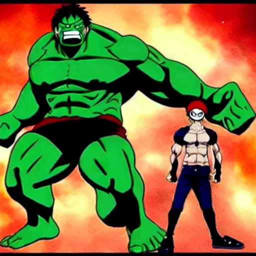 Prompt: the hulk in the style of one piece anime