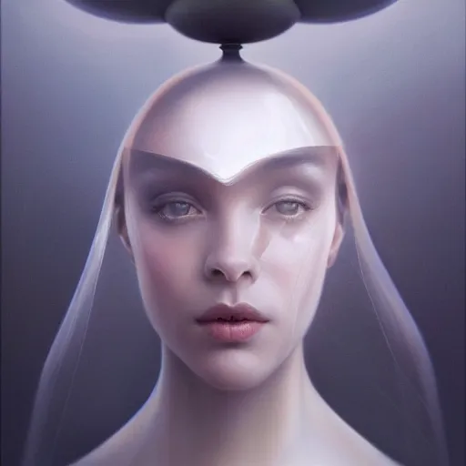 Prompt: By Tom Bagshaw, ultra realist soft painting render of a centered floating transparent glass sphere, reflection and refraction, symmetry accurate features, very intricate details, deep fog, beautiful horned female in long curvy dress background, artstation