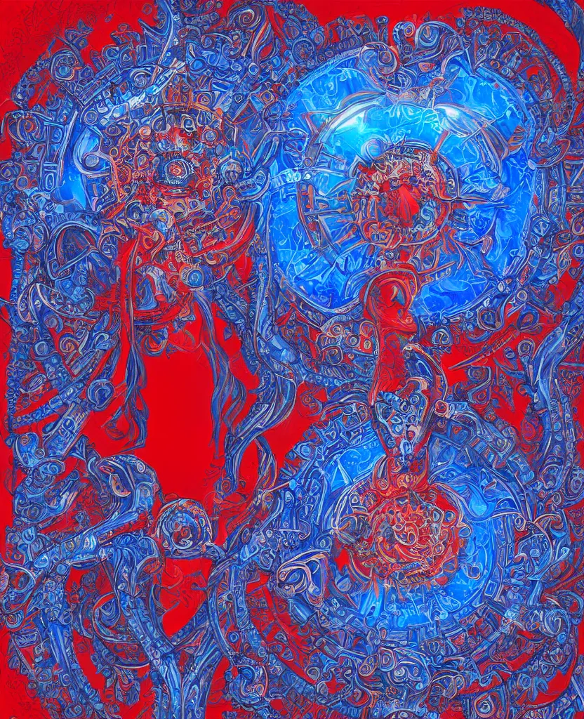 Prompt: structure of the oracle, blue colors with red accents, intricate and ornate, highly detailed fantasy digital painting