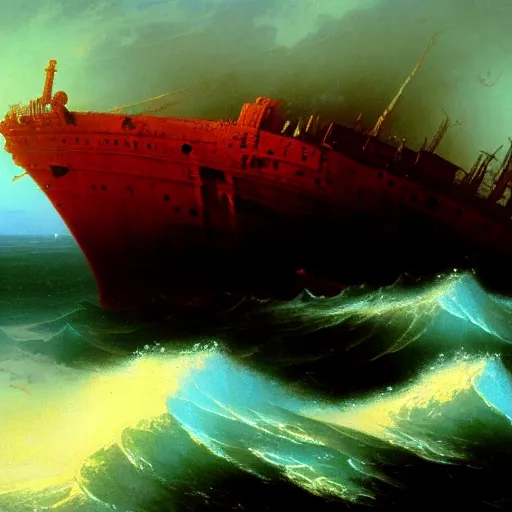 Image similar to bloody ocean, rusted iron ship sinking in red blood ocean, by Ivan Aivazovsky, junji ito, hd 8k, hideaki anno