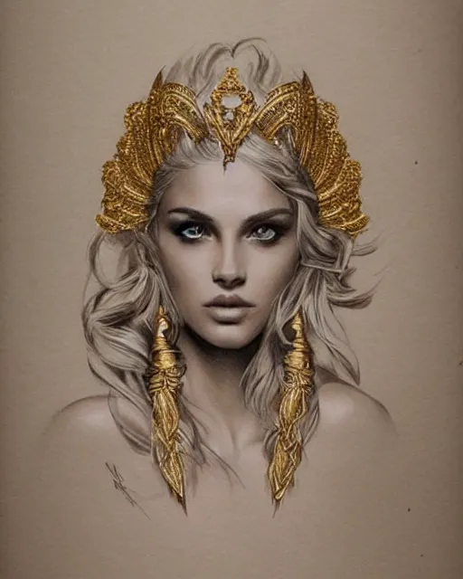 Image similar to tattoo design sketch of hot blonde super model as aphrodite greek goddess wearing a gold laurel wreath and triangle earrings, beautiful piercing gaze with sharp pupils, in the style of greg rutkowski, fantasy, amazing detail, epic, elegant, smooth, sharp focus, front view