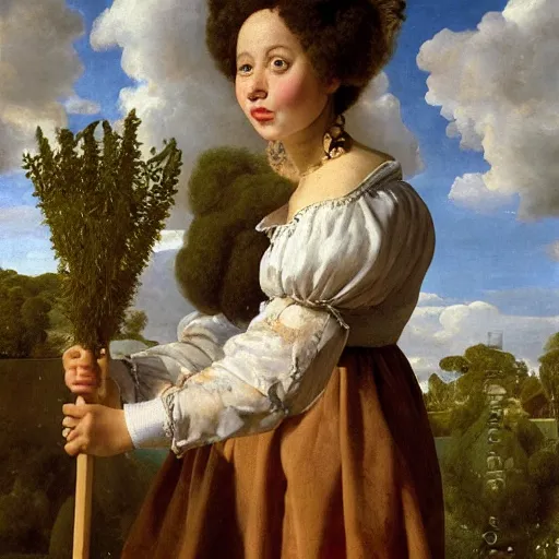 Image similar to doja cat playing croquet in the garden, happy expression, smiling, beautiful symmetrical face, holding a croquet mallet, rule of thirds, golden ratio, oil on canvas, highly detailed, warm color scheme, soft lighting, sharp focus, adelaide labille - guiard, artemisia gentileschi