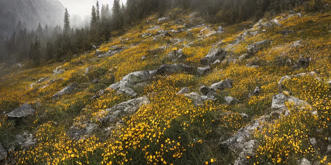 Image similar to Alpine rocky clearing in Austria, a few firs shooting up from the rocky landscape. Many wildflowers, bright, somewhat foggy. Afternoon glow. Trending on Artstation, deviantart, worth1000. By Greg Rutkowski. National Geographic and iNaturalist HD photographs