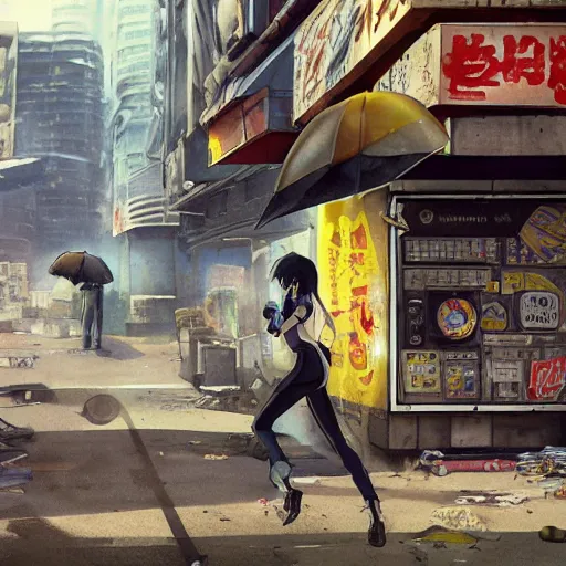 Image similar to incredible wide screenshot, ultrawide, simple watercolor, rough paper texture, ghost in the shell movie scene, backlit distant shot of girl in a parka running from a giant robot invasion side view, yellow parasol in deserted dusty shinjuku junk town, broken vending machines, bold graphic graffiti, old pawn shop, bright sun bleached ground, mud, fog, dust, windy, scary robot monster lurks in the background, ghost mask, teeth, animatronic, black smoke, pale beige sky, junk tv, texture, brown mud, dust, tangled overhead wires, telephone pole, dusty, dry, pencil marks, genius party,shinjuku, koji morimoto, katsuya terada, masamune shirow, tatsuyuki tanaka hd, 4k, remaster, dynamic camera angle, deep 3 point perspective, fish eye, dynamic scene