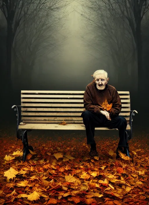 Prompt: man crumbles into leaves. conceptual photography portrait of an old man on a park bench falling apart into leaves, autumn tranquility, forgetfulness, fading to dust and leaves, oblivion, inevitability, aging, surreal portrait, moody, by tom bagshaw, cold, 4 k