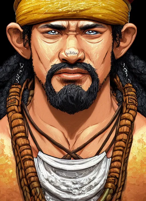 Image similar to a portrait of Usopp the God as a real man, wearing a traditional samurai dress, curly hairs, handsome face, chad, jungle background, intricate, highly detailed, digital painting, artstation, concept art, smooth, sharp focus, illustration, art by Gustave Baumann, matte painting