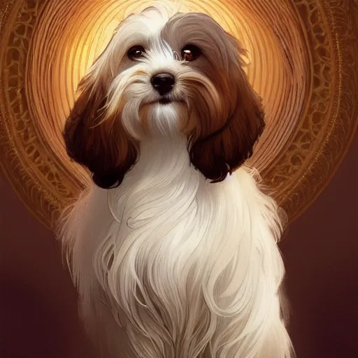 Image similar to beautiful detailed picture of a havanese with white and brown hair, radiant light, art nouveau, intricate, elegant, highly detailed, my rendition, digital painting, artstation, concept art, smooth, sharp focus, illustration, art by artgerm and greg rutkowski and alphonse mucha