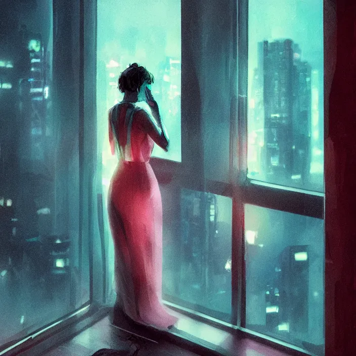 Prompt: portrait of a dancing girl wearing a gown, short hair, bed room, cyberpunk city view out of the window, no lights in bedroom, bright neon lights from the city, elegant, highly detailed, artstation, soft lights, night, fog, sharp focus