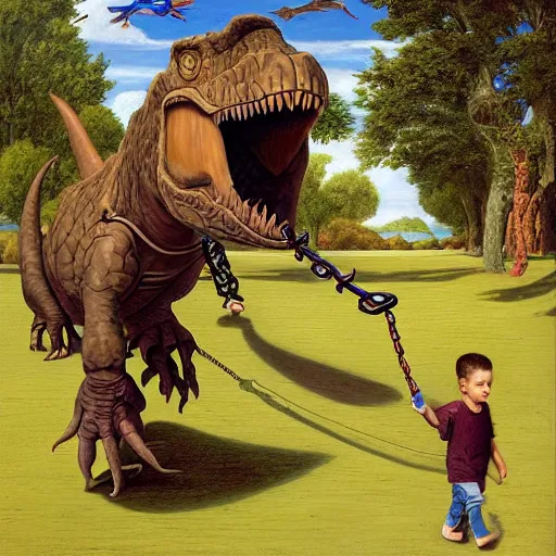 Image similar to a kid at the park walking a dinosaur with a leash, renaissance oil painting by George Lucas and Jarosław Jaśnikowski and Dan Mumford