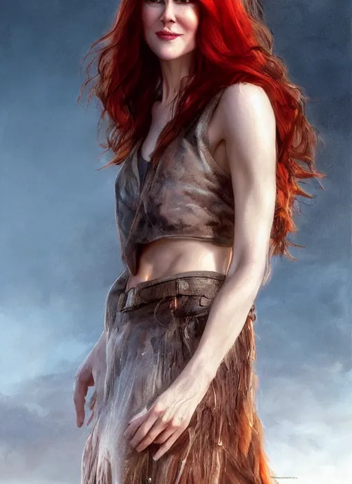 Prompt: nicole kidman with red hair, long haircut, beautiful highly detailed face, complementary lighting, backlit, black eyeshadow, grinning, adventure, dramatic lighting, landscape background, beautiful painting by artgerm and greg rutkowski and raymond swanland